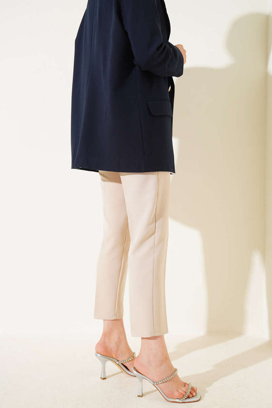 Narrow-Leg Fabric Trousers with Waist Buckle Beige