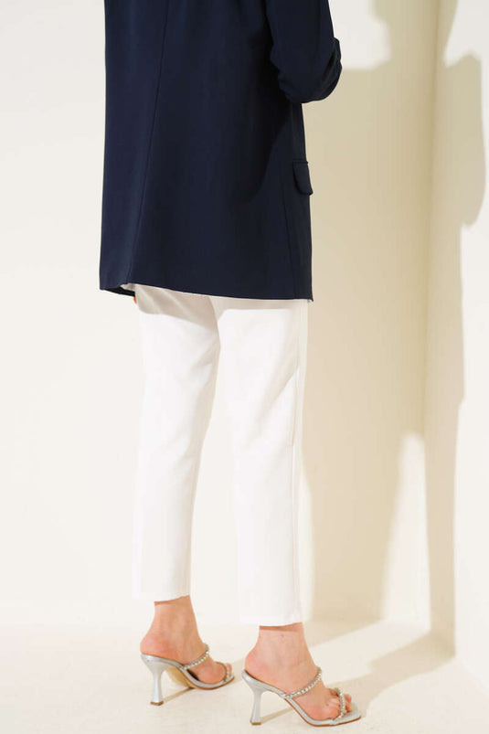 Bel Çımalı Dar Paça Kumaş Pantolon Beyaz