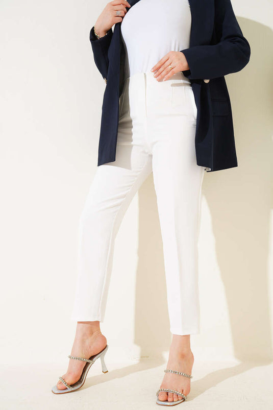 White Narrow-Leg Fabric Trousers with Waist Cutout