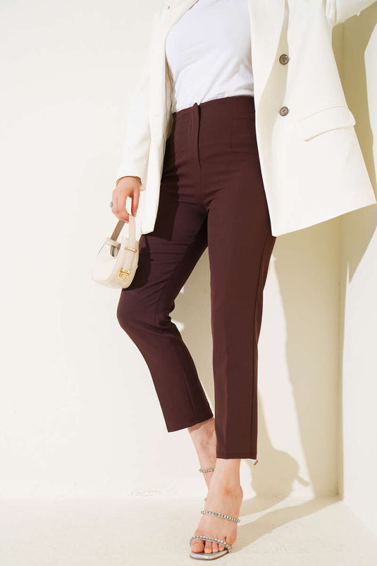 Bel Çımalı Dar Paça Kumaş Pantolon Kahve