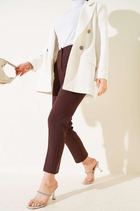 Bel Çımalı Dar Paça Kumaş Pantolon Kahve