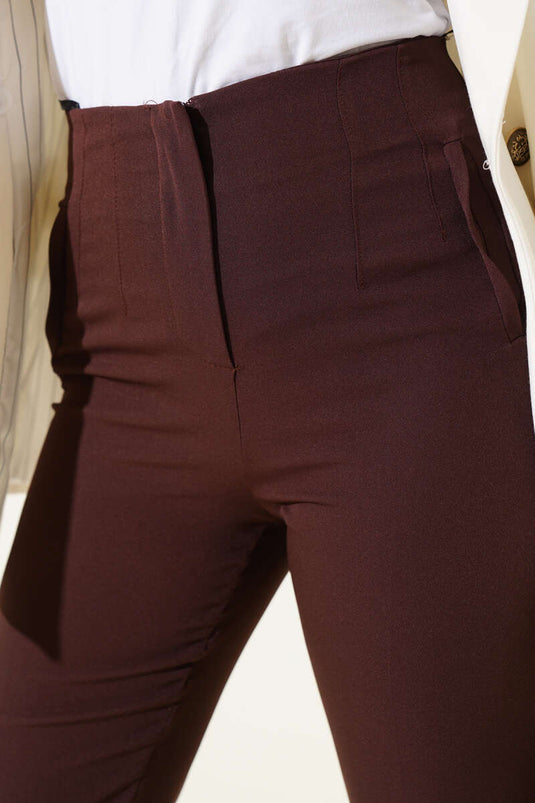 Bel Çımalı Dar Paça Kumaş Pantolon Kahve