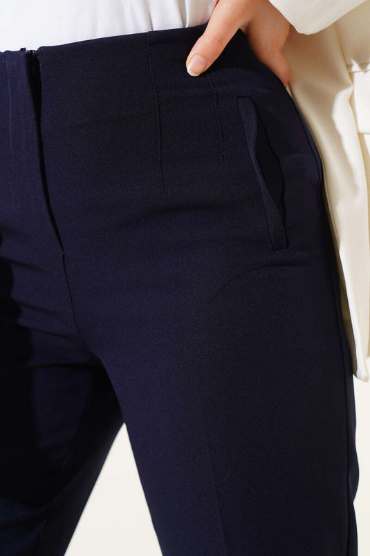 Bel Çımalı Dar Paça Kumaş Pantolon Lacivert