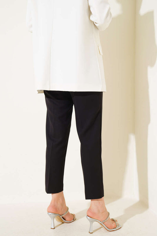 Narrow-Leg Fabric Trousers with Waist Buckle Black