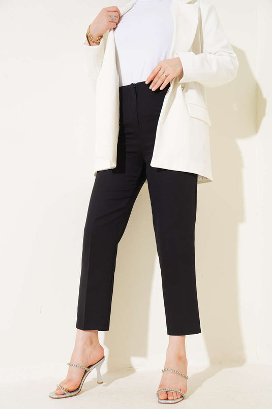 Narrow-Leg Fabric Trousers with Waist Buckle Black