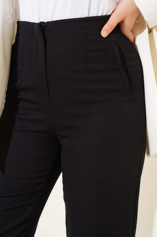 Bel Çımalı Dar Paça Kumaş Pantolon Siyah