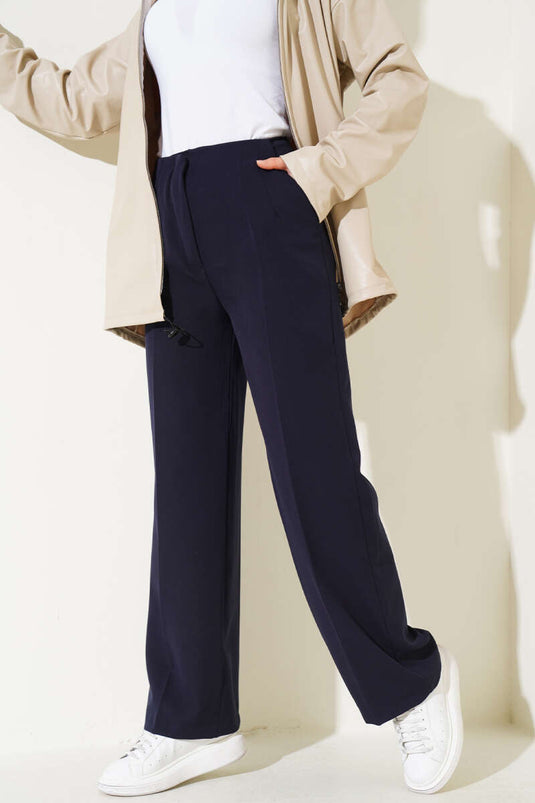 Wide Leg Pants with Waist Cutout Navy Blue
