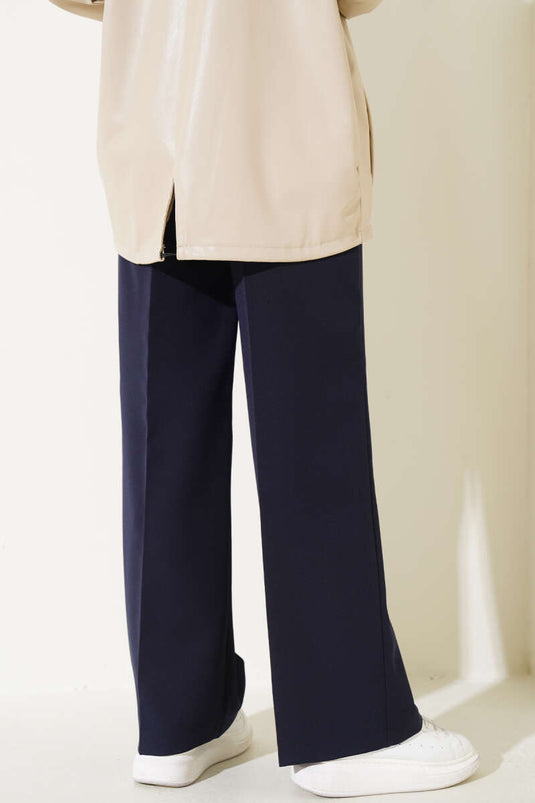 Wide Leg Pants with Waist Cutout Navy Blue