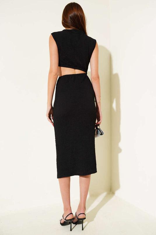 Black Waffle Dress with Waistline