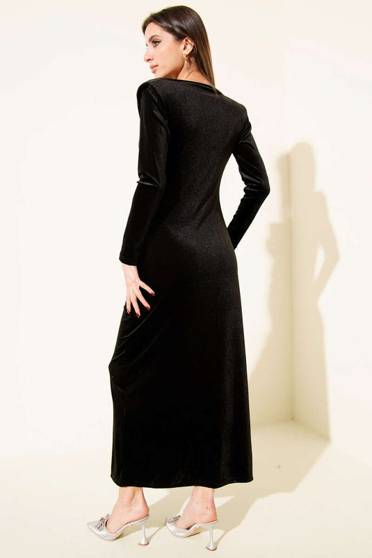 Black Velvet Dress with Waist Detail and V-Neckline