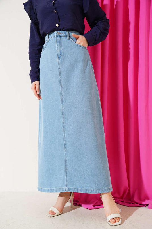 Denim Skirt with Buttoned Waist and Pockets, Light Blue