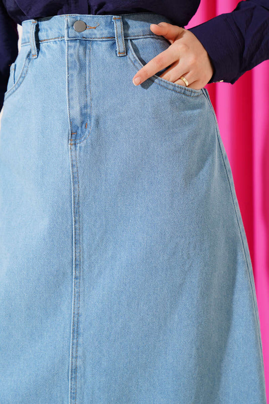 Denim Skirt with Buttoned Waist and Pockets, Light Blue
