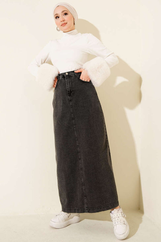 Gonna di jeans con tasche e bottoni color fumo