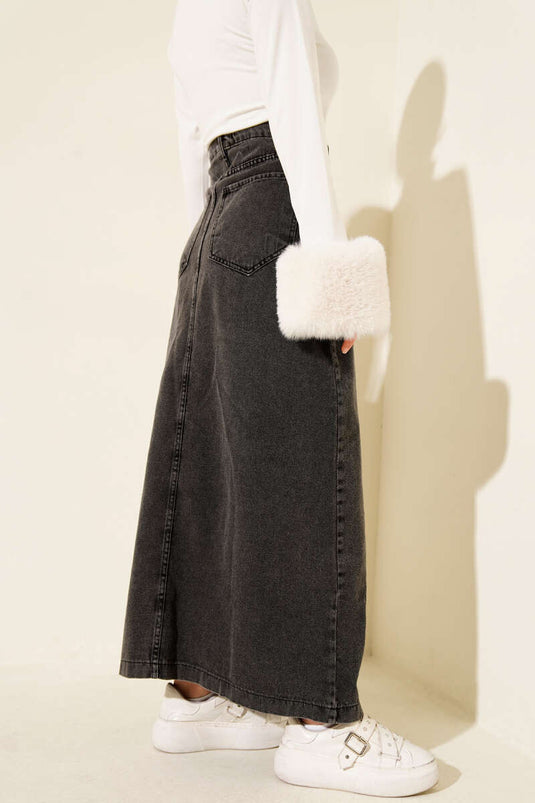 Gonna di jeans con tasche e bottoni color fumo