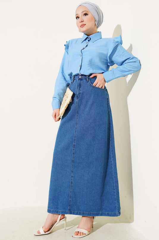 تنورة جينز بجيوب وأزرار على الخصر باللون الأزرق