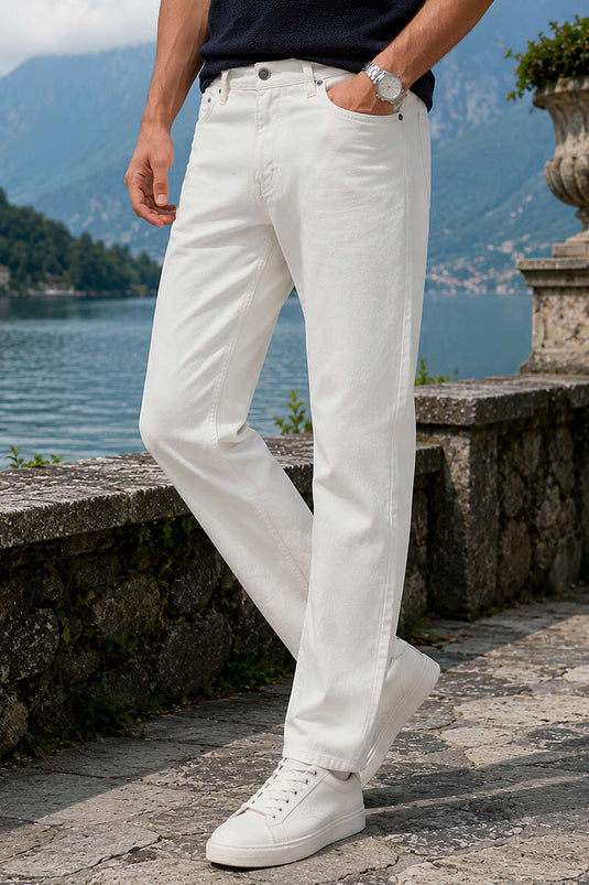 Bel Düğmeli Gabardin Baggy Erkek Pantolon Beyaz