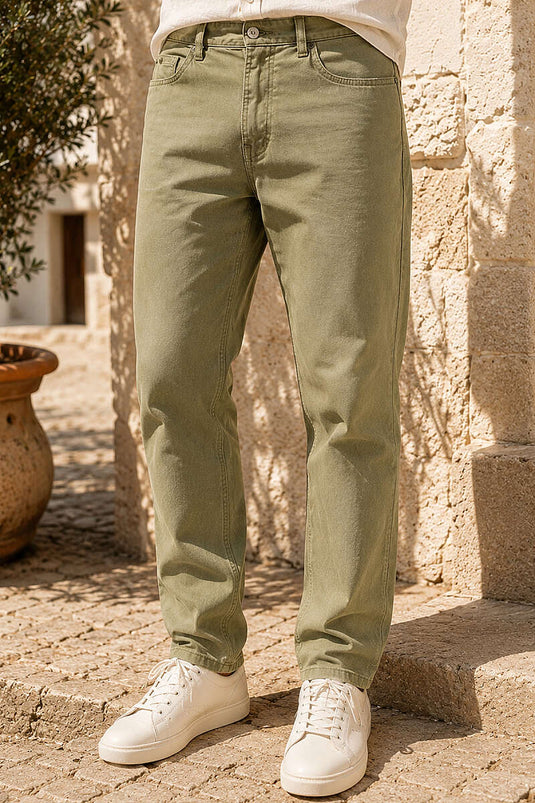Bel Düğmeli Gabardin Baggy Erkek Pantolon Haki