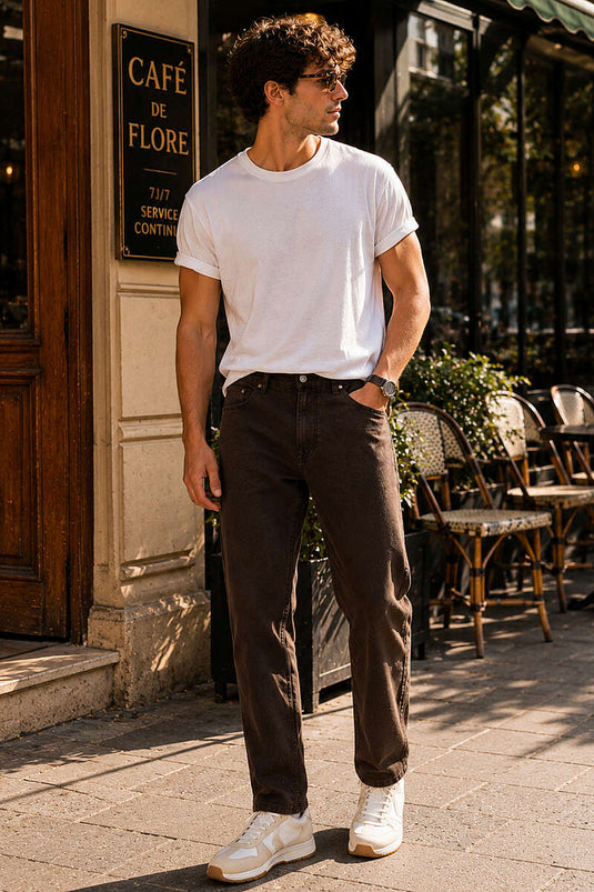 Bel Düğmeli Gabardin Baggy Erkek Pantolon Kahve