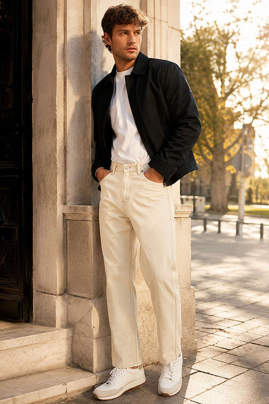 Bel Düğmeli Gabardin Baggy Erkek Pantolon Taş