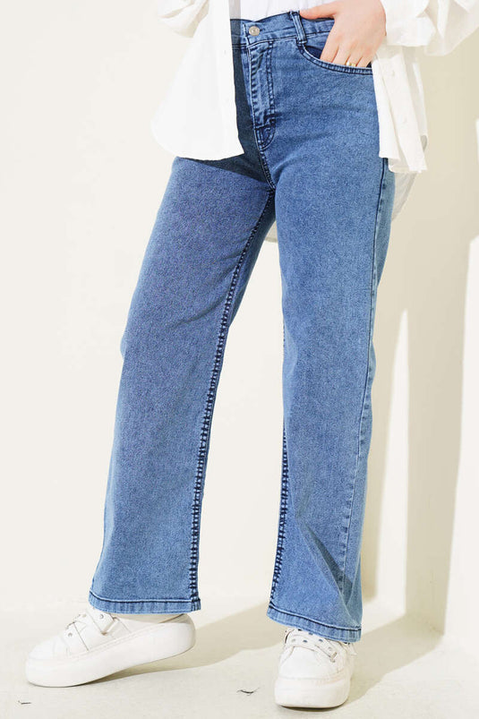 Pantalon en jean à jambes larges avec beaux boutons, bleu jean
