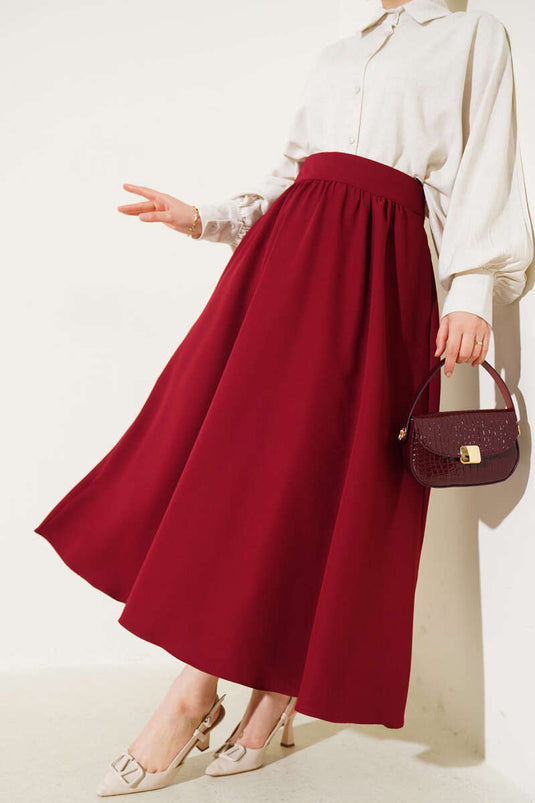 Waist Zippered Pocket Flared Skirt Claret Red