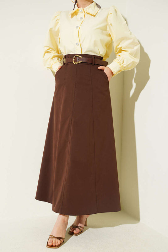 Skirt with Side Zipper, Belt, and Stitching Detail, Brown