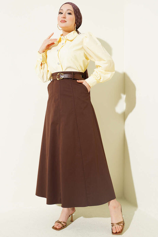 Skirt with Side Zipper, Belt, and Stitching Detail, Brown