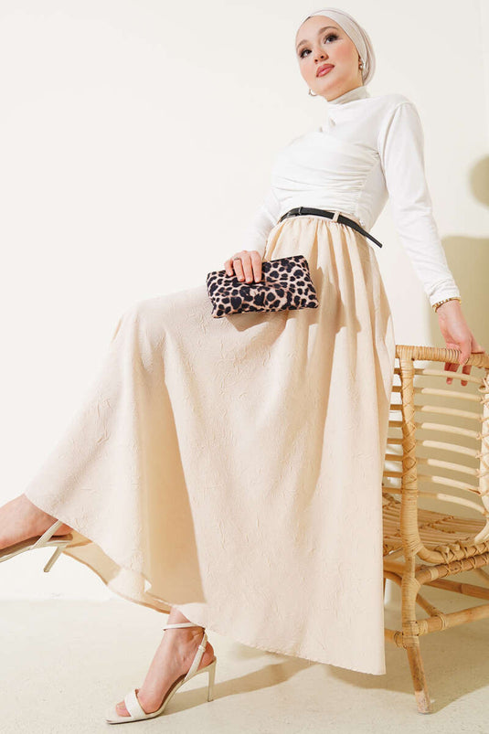 Waist Zipper Belted Krash Skirt Beige