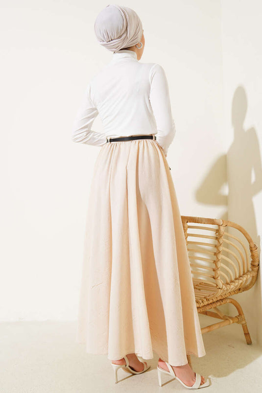 Waist Zipper Belted Krash Skirt Beige