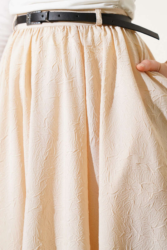 Waist Zipper Belted Krash Skirt Beige