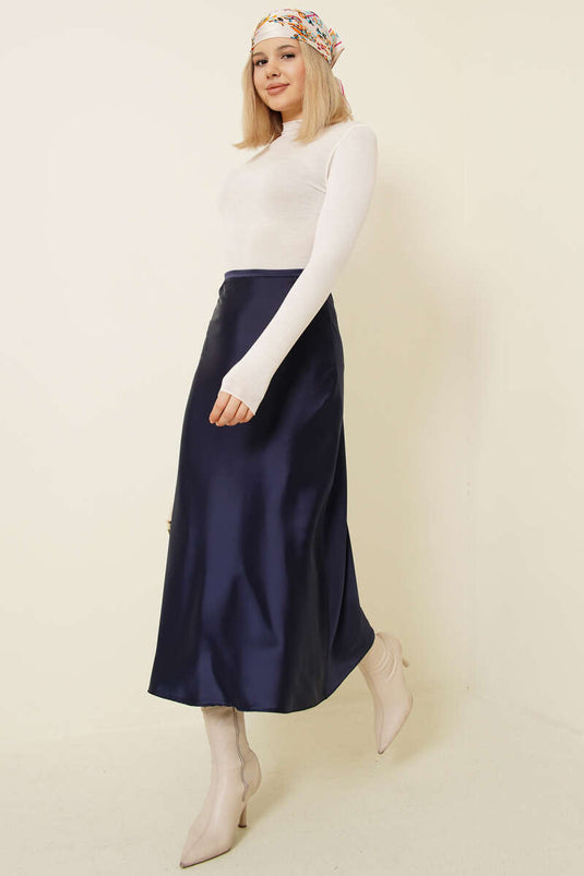 Jupe midi en satin à fermeture éclair, bleu marine