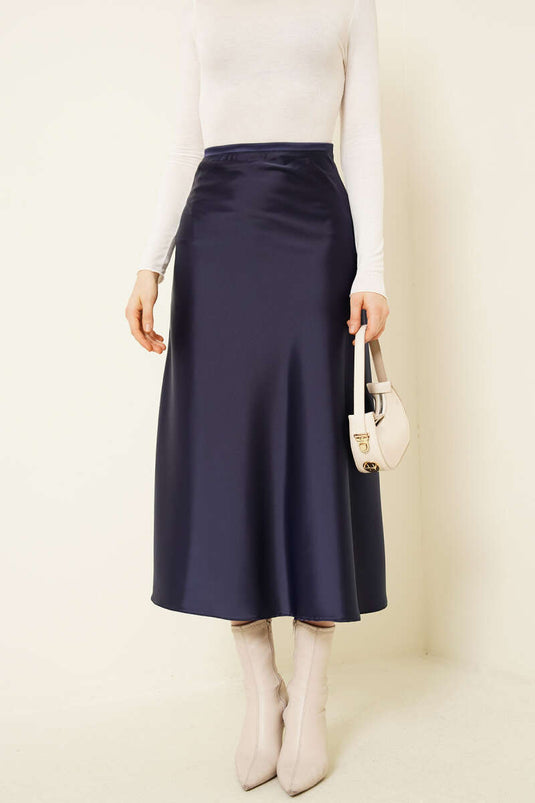 Dark Blue Satin Midi Skirt with Side Zipper