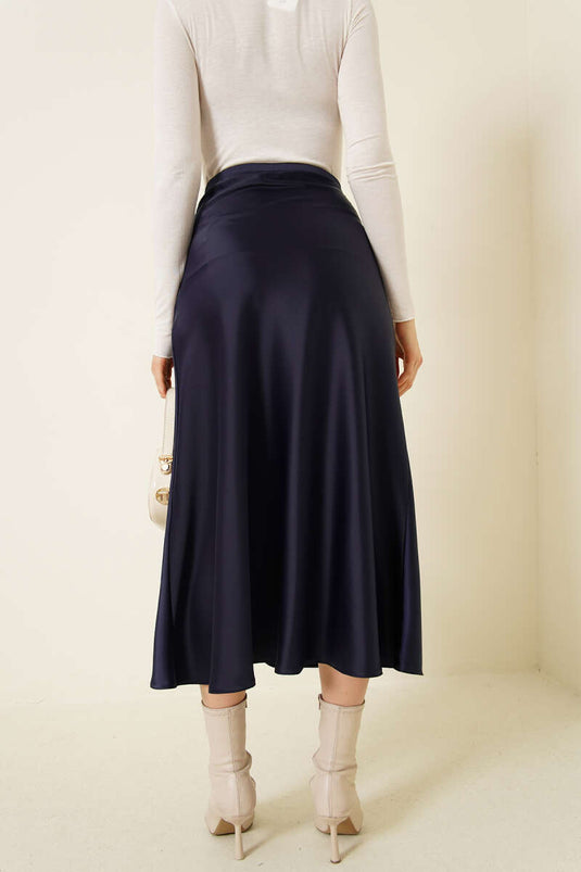 Dark Blue Satin Midi Skirt with Side Zipper