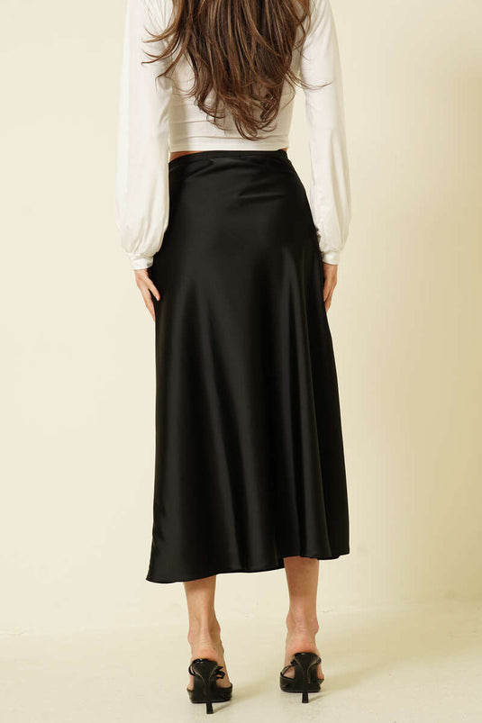 Black Satin Midi Skirt with Side Zipper