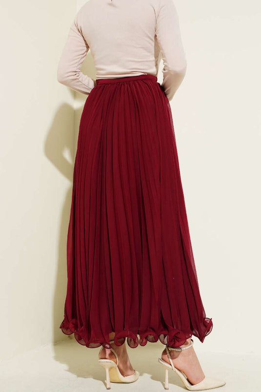 Waist Zippered Chiffon Pleated Skirt Burgundy