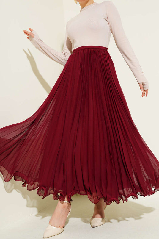 Waist Zippered Chiffon Pleated Skirt Burgundy