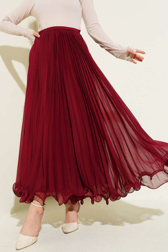Waist Zippered Chiffon Pleated Skirt Burgundy