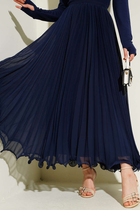 Jupe plissée en mousseline à fermeture éclair, bleu marine