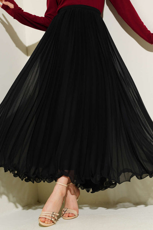 Jupe plissée en mousseline noire avec fermeture éclair invisible