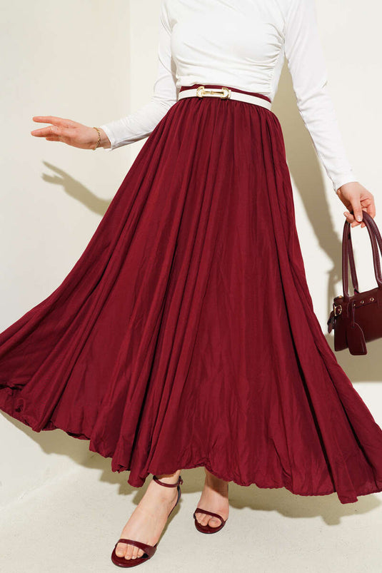 Waist Zippered Pleated Crinkle Skirt Burgundy