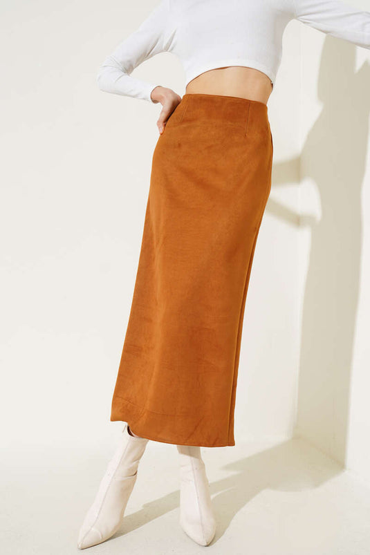Waist Zippered Suede Pencil Skirt in Tan