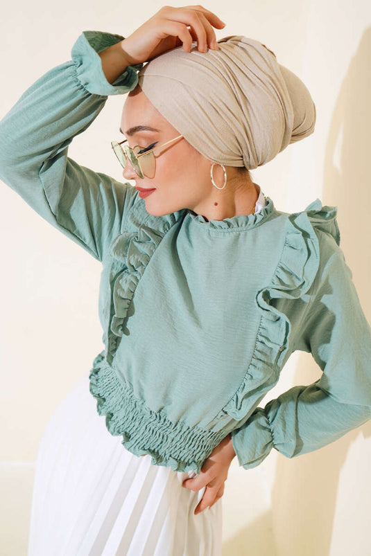 Bel Gipeli Fırfırlı Bluz Çağla Yeşili