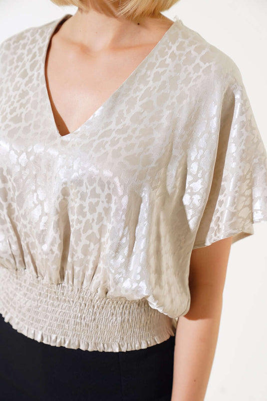 Beige Blouse with Belted Collar