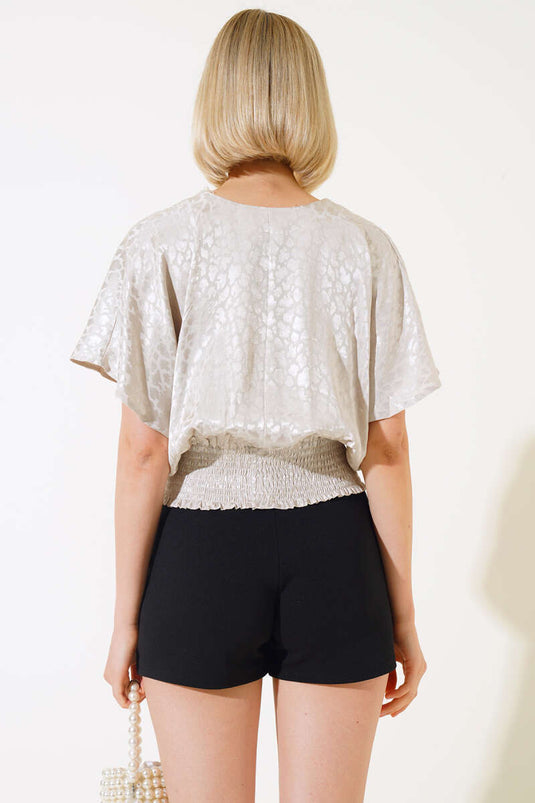 Beige Blouse with Belted Collar