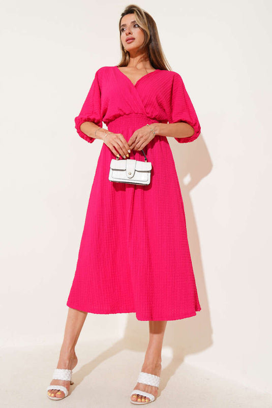 Waist-Trimmed Half-Sleeve Crinkle Midi Dress Fuchsia