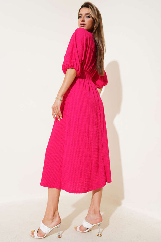 Waist-Trimmed Half-Sleeve Crinkle Midi Dress Fuchsia