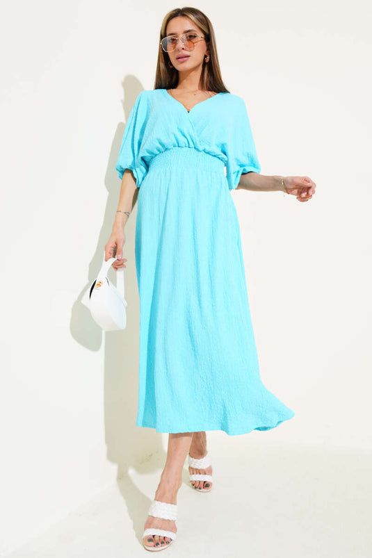 Half Sleeve Crinkle Waist Midi Dress Turquoise