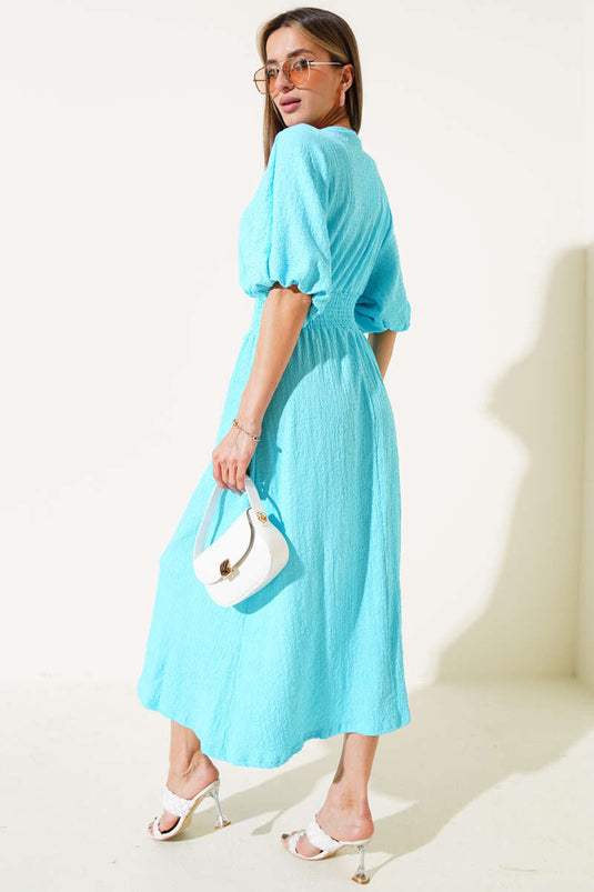 فستان ميدي بأكمام نصفية وخصر مجعد فيروزي