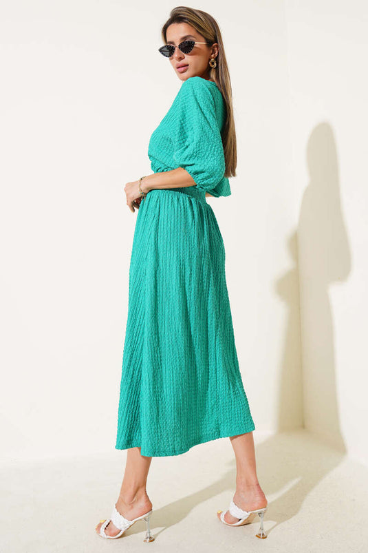 Waist-Gipeli Half-Sleeve Crinkle Midi Dress Green