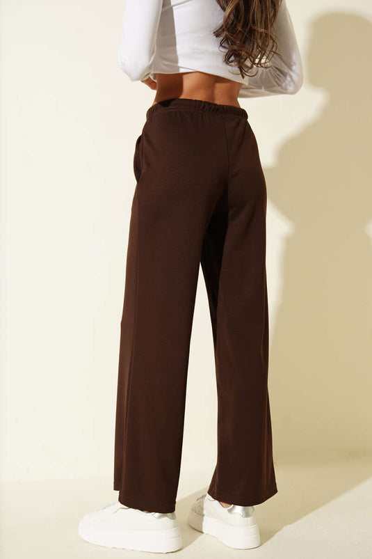 Wide Leg Pants with Waist Drawstring Brown